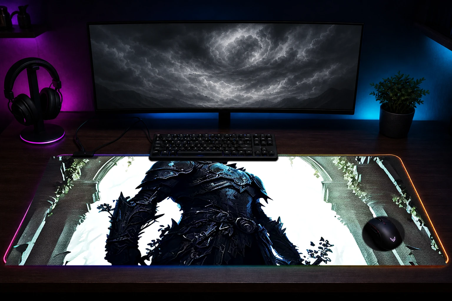 Knight Sword RGB Desk Mat immersive setup scene