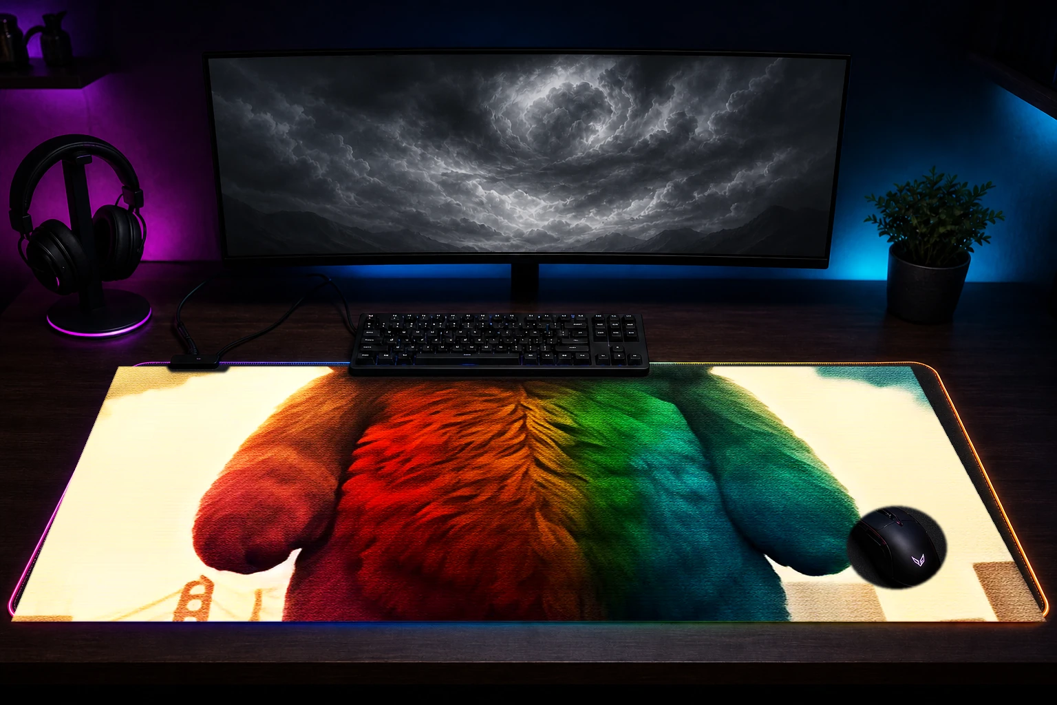Teddy Bear RGB Desk Mat immersive setup scene