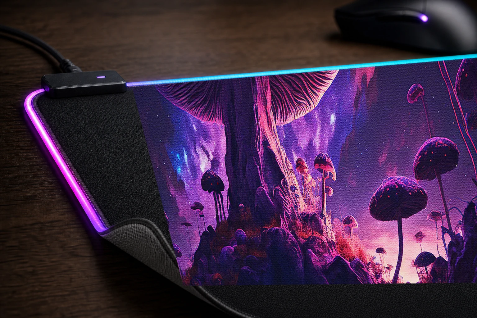 Space Forest Mushroom RGB Desk Mat controller and material detail