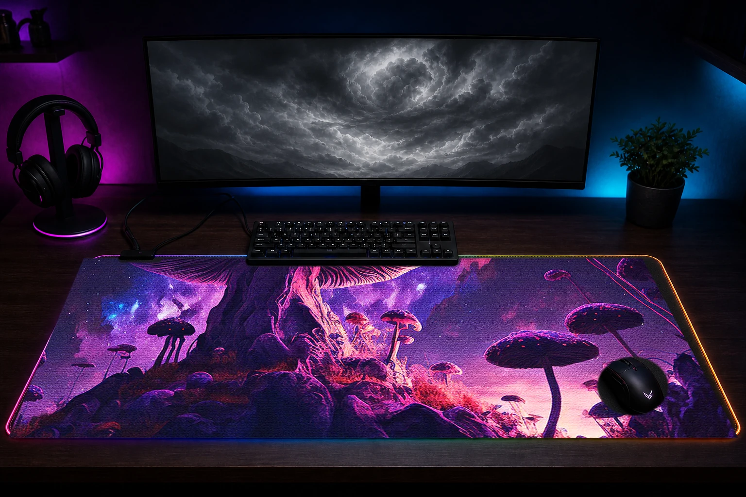 Space Forest Mushroom RGB Desk Mat immersive setup scene
