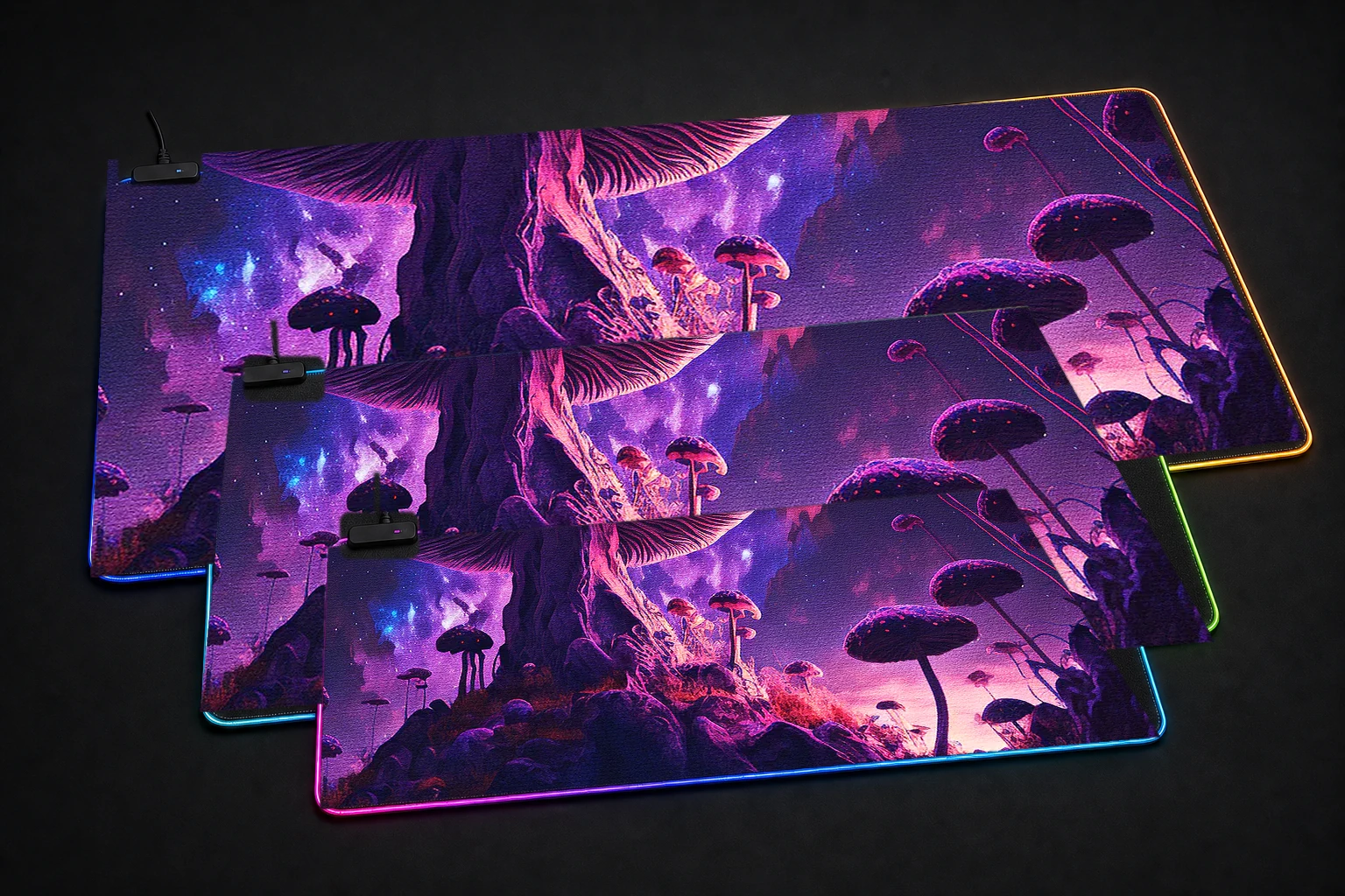 Space Forest Mushroom RGB Desk Mat three-size comparison