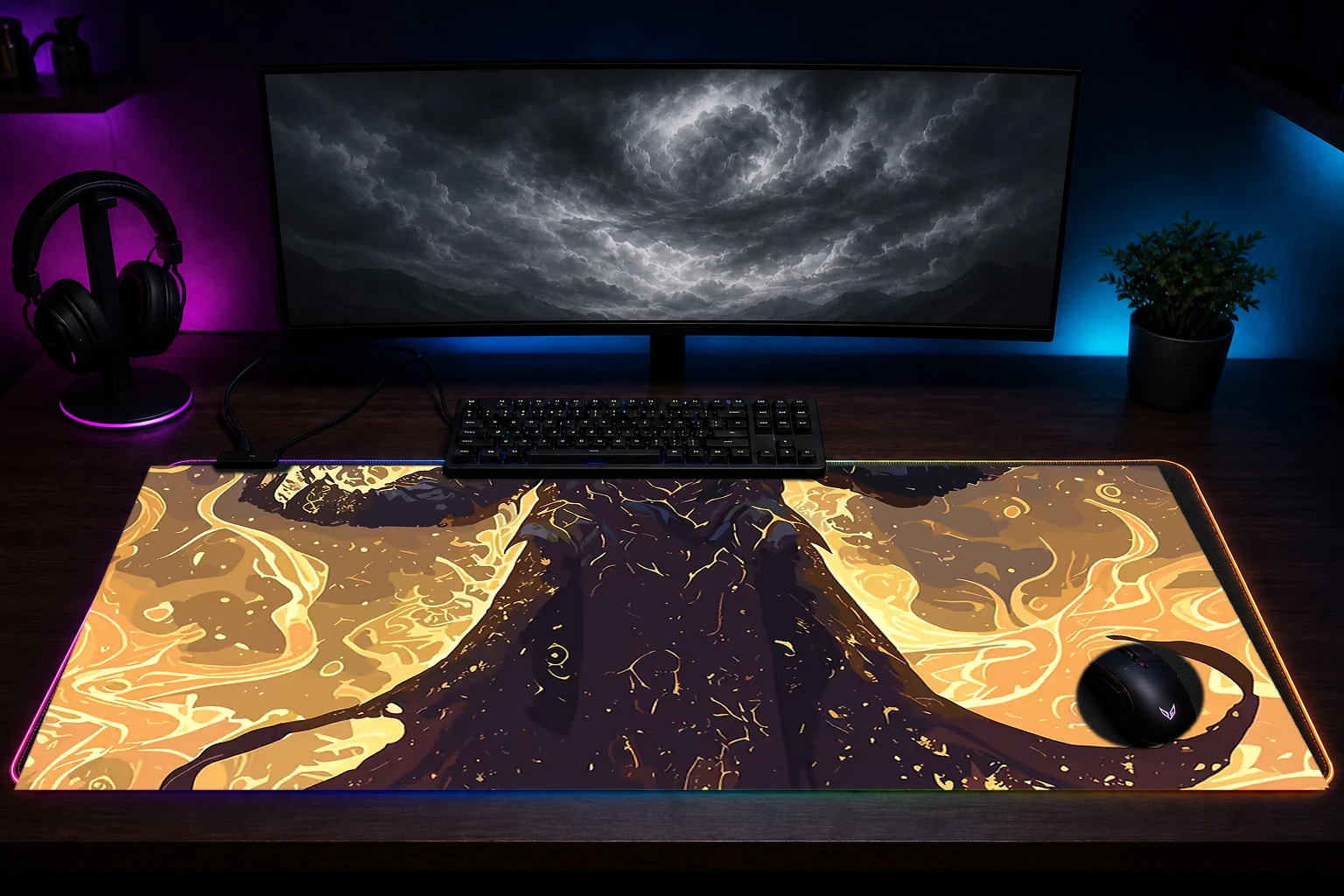 Devil Magic RGB Desk Mat immersive setup scene