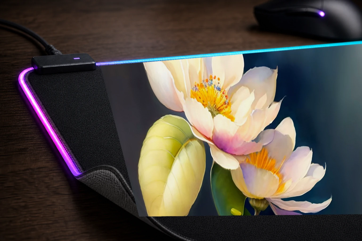 the fantasy flower RGB Desk Mat controller and material detail
