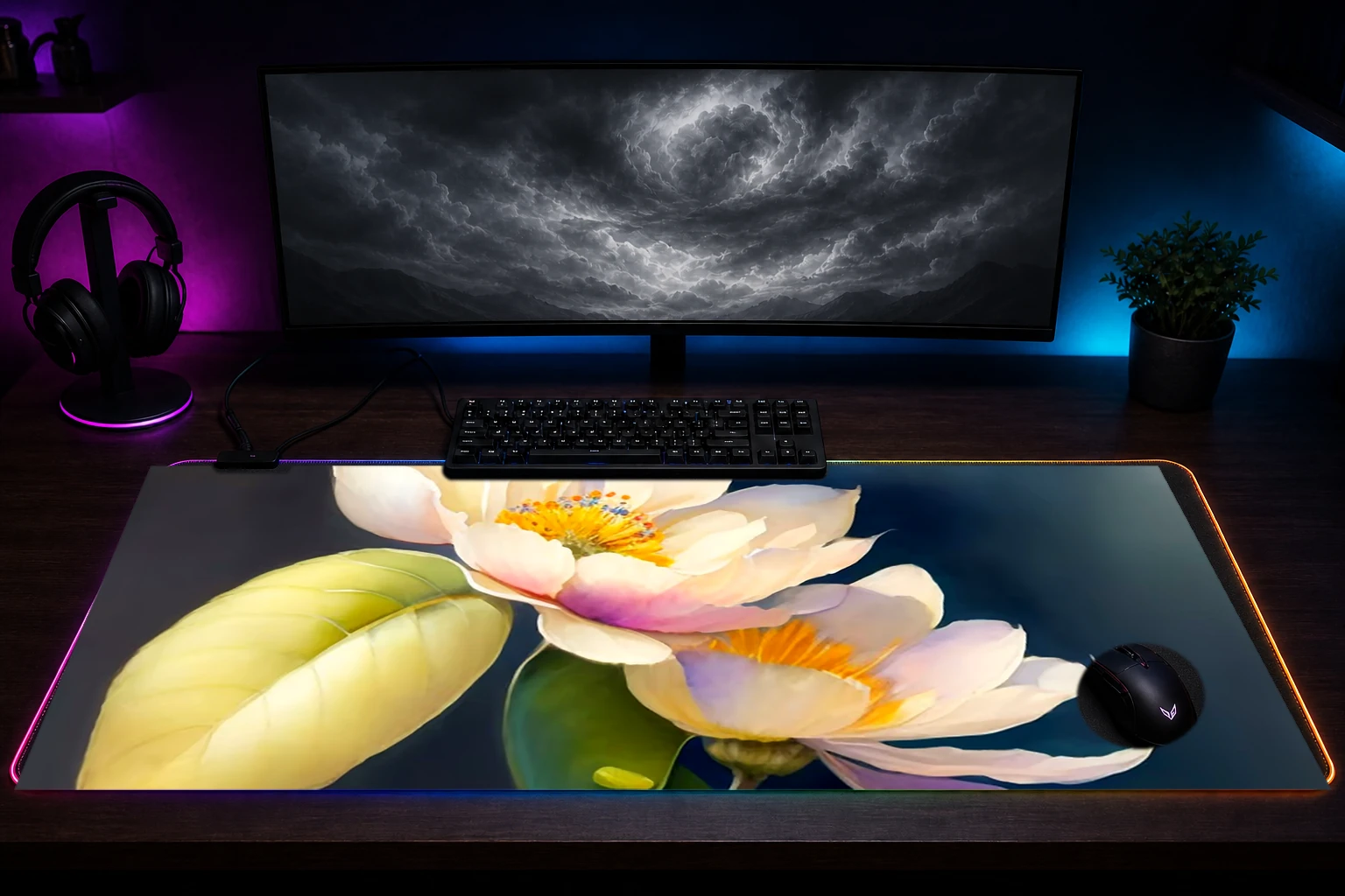 the fantasy flower RGB Desk Mat immersive setup scene