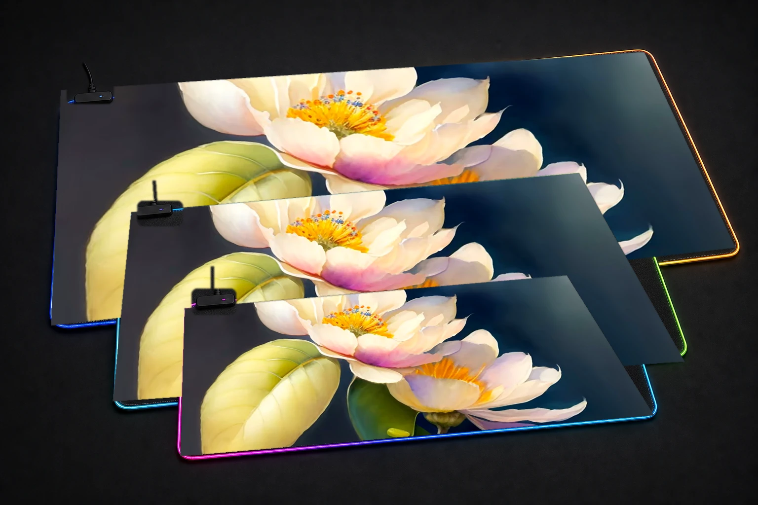 the fantasy flower RGB Desk Mat three-size comparison