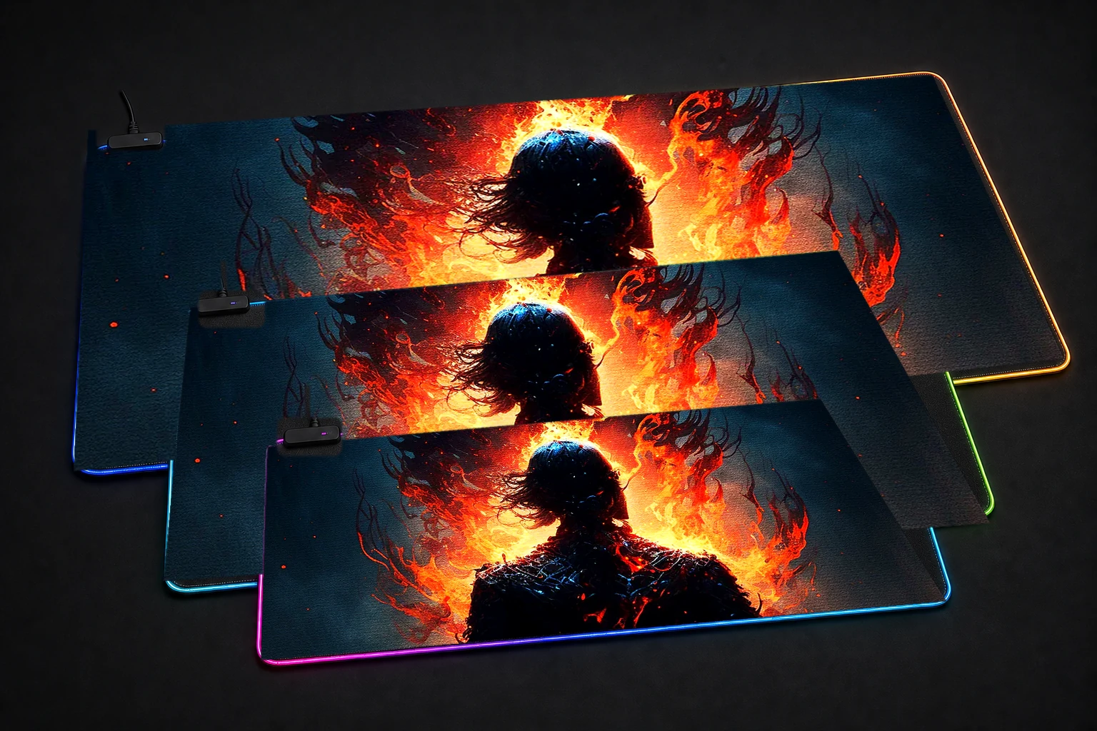 Paint Fire Character RGB Desk Mat three-size comparison