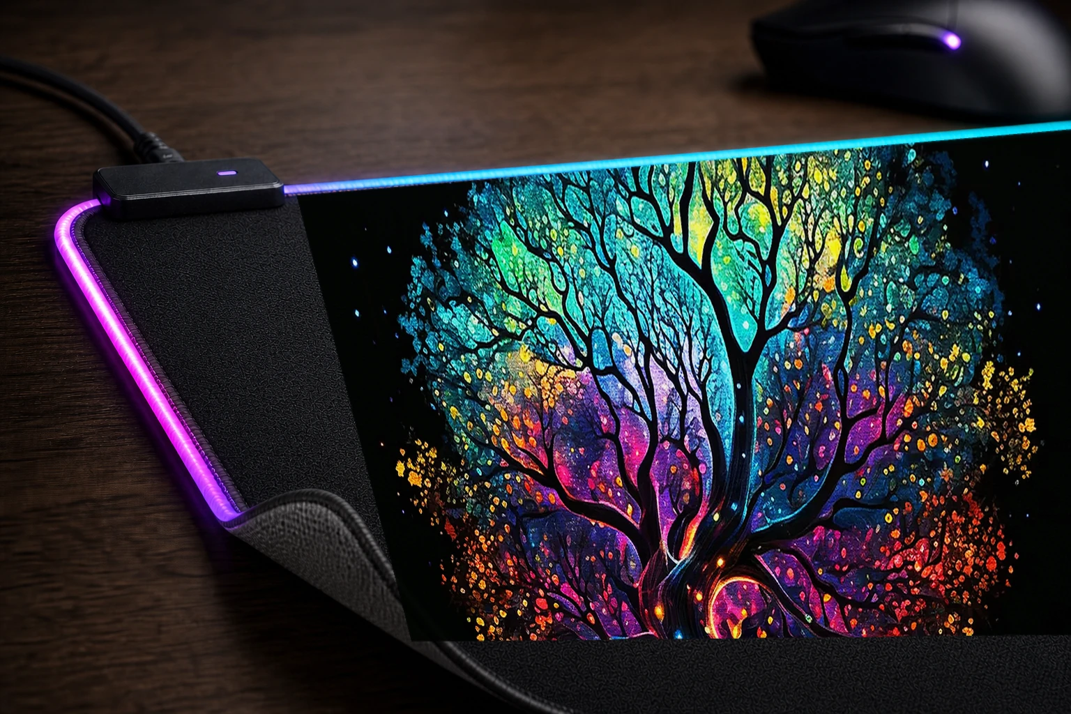 Colorful Of Tree RGB Desk Mat controller and material detail