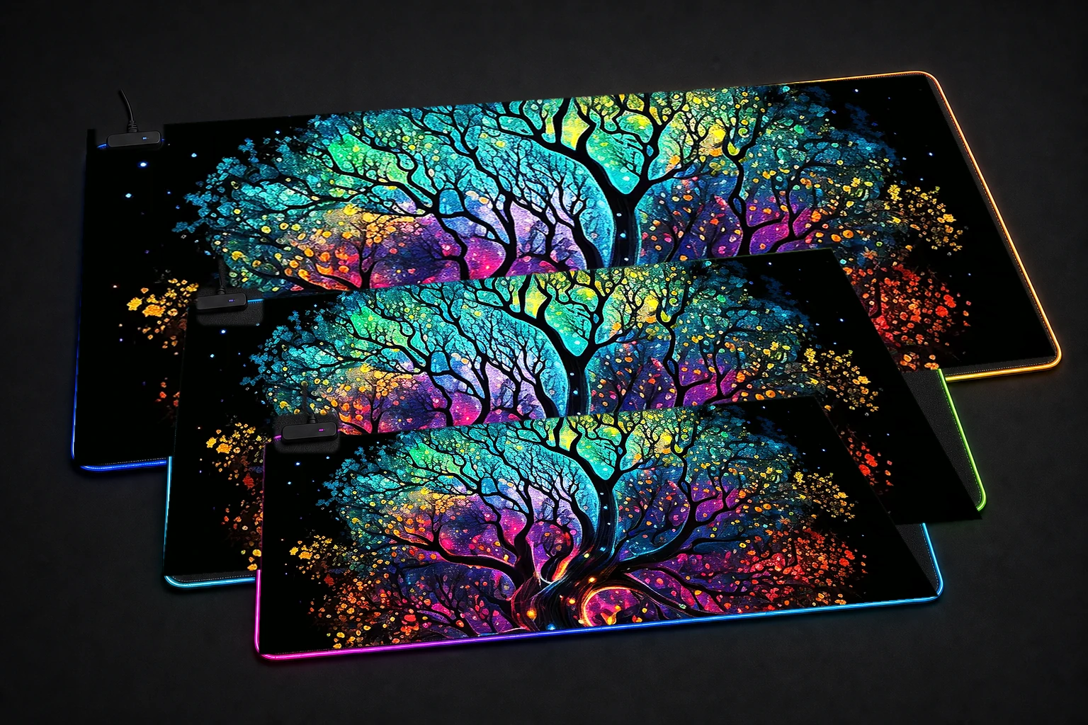 Colorful Of Tree RGB Desk Mat three-size comparison