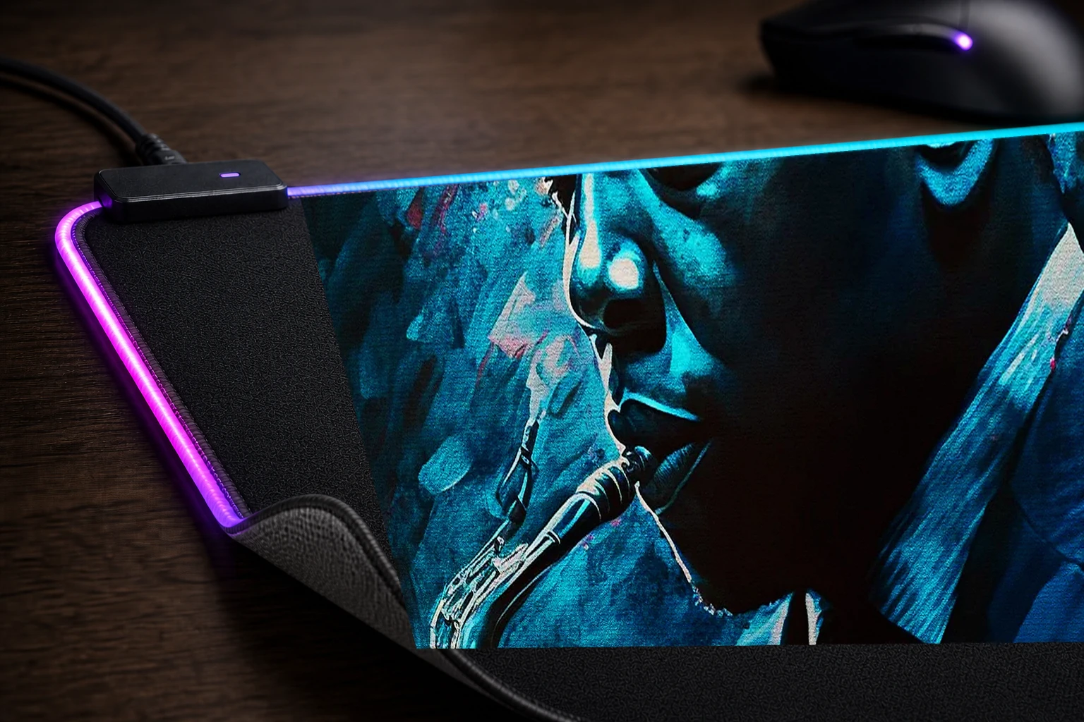 Playing Saxophone Music RGB Desk Mat controller and material detail