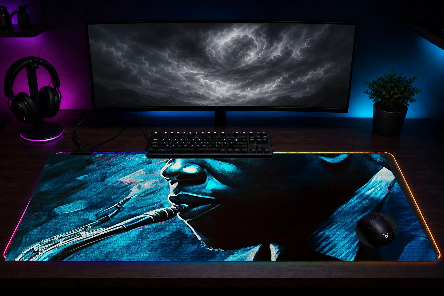 Playing Saxophone Music RGB Desk Mat immersive setup scene