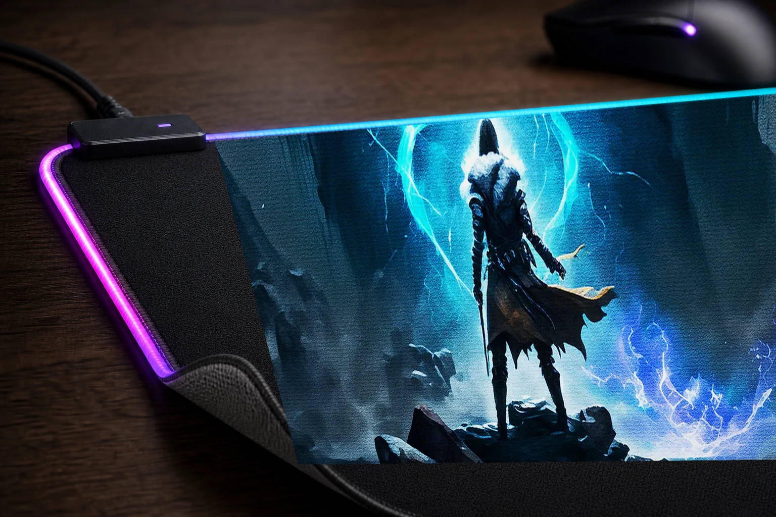Natural Magic Power RGB Desk Mat controller and material detail