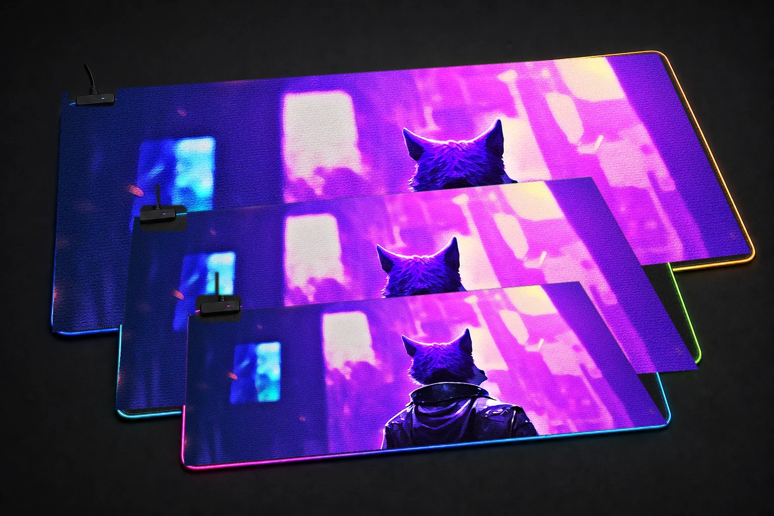 Fox Journey RGB Desk Mat three-size comparison