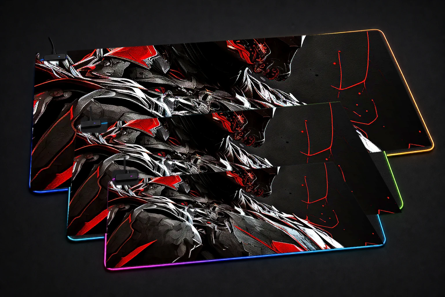 Troops wearing a red black RGB Desk Mat three-size comparison
