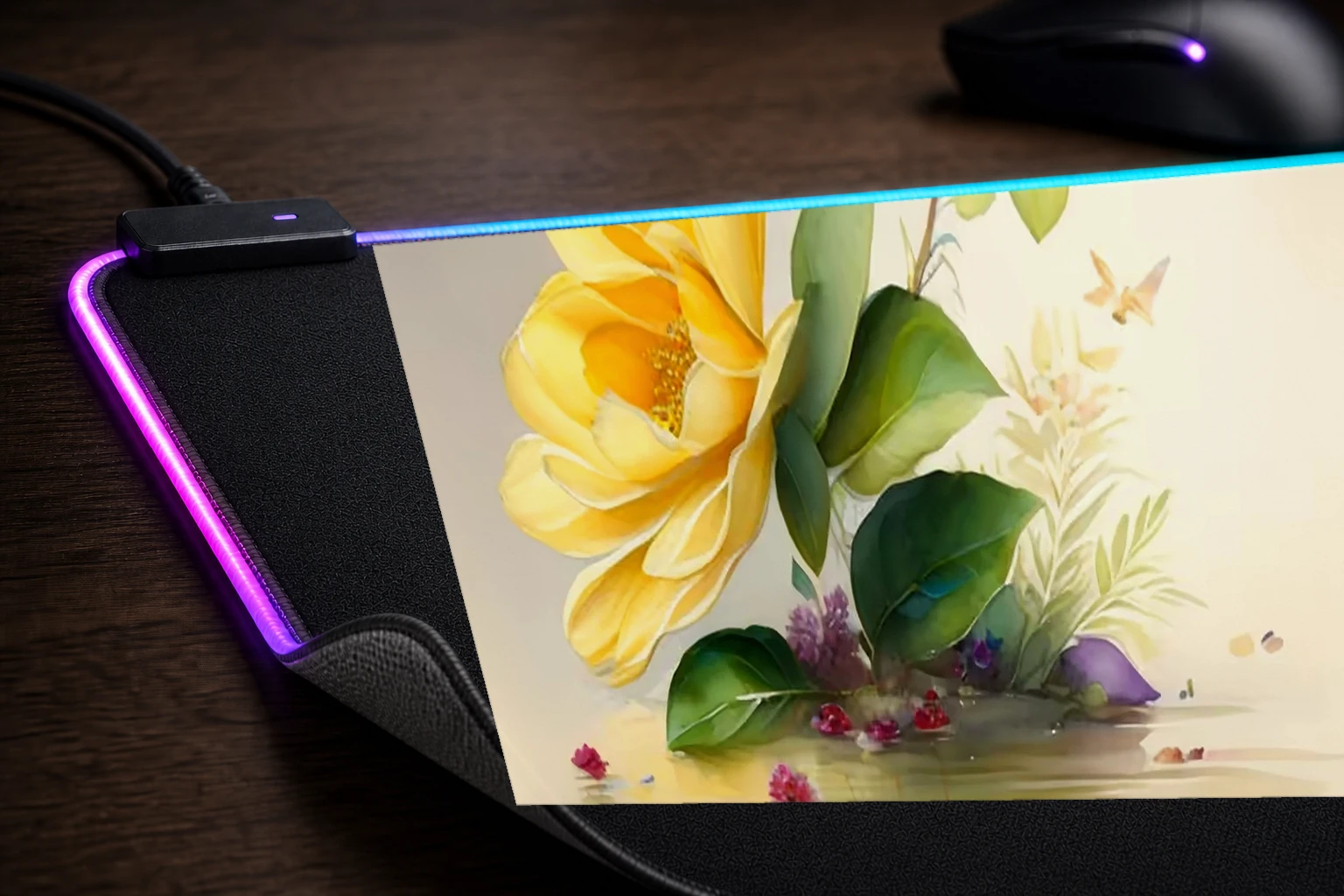 the twin fantasy flower RGB Desk Mat controller and material detail