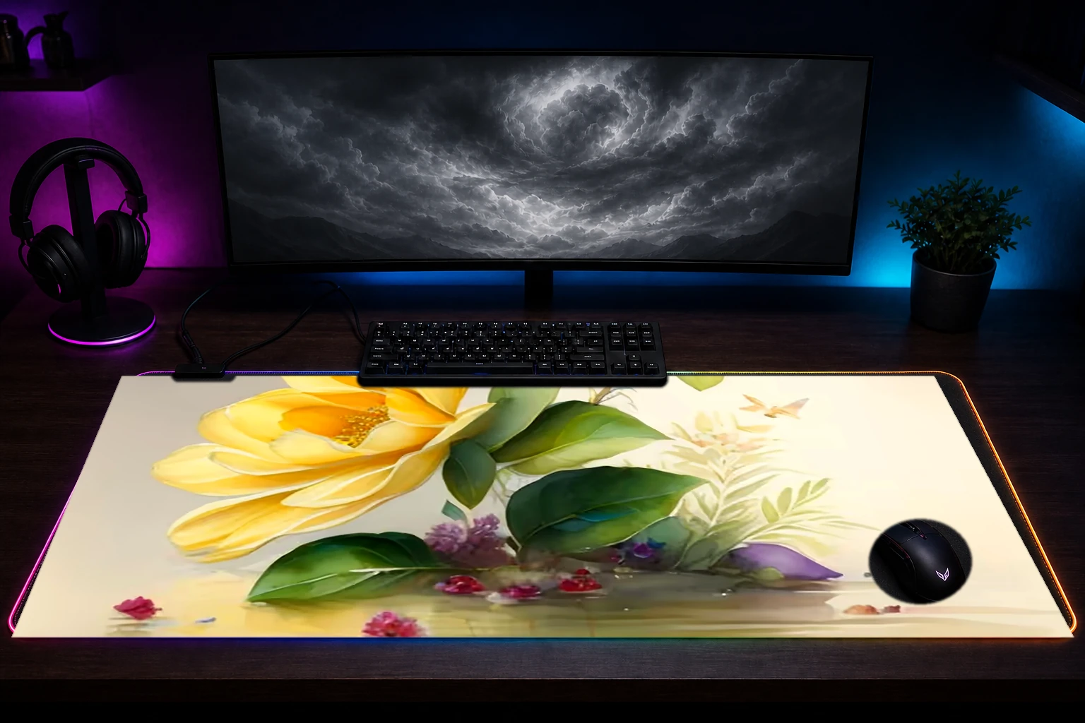 the twin fantasy flower RGB Desk Mat immersive setup scene