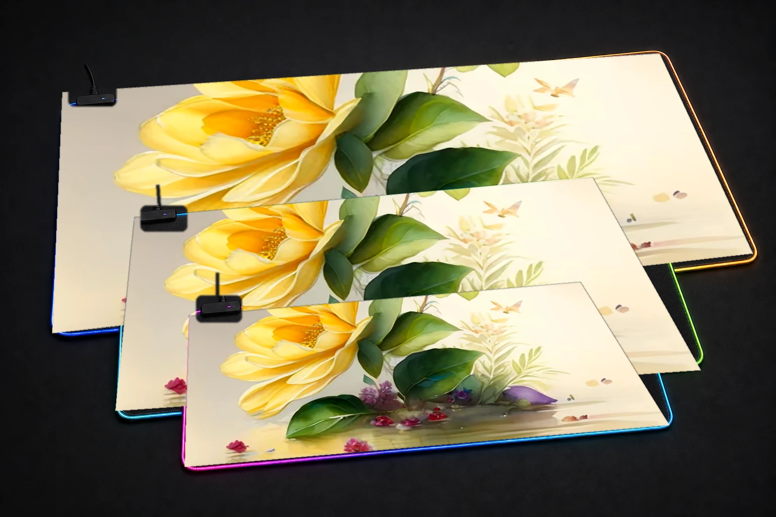 the twin fantasy flower RGB Desk Mat three-size comparison