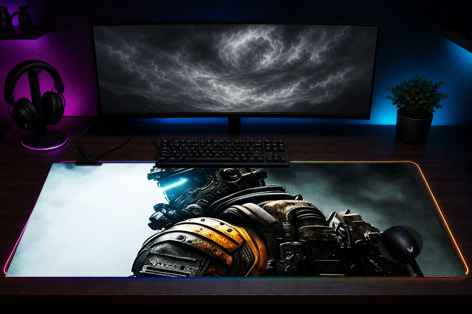 Dark dead space armor RGB Desk Mat immersive setup scene