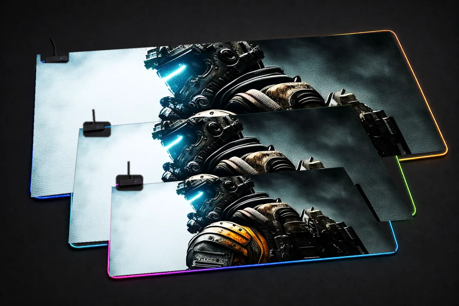 Dark dead space armor RGB Desk Mat three-size comparison