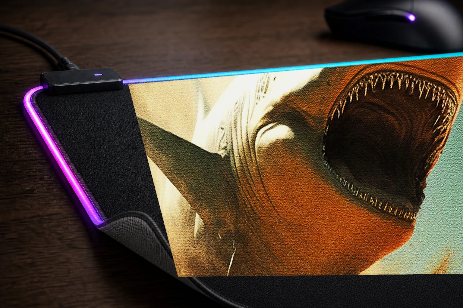 Sand Shark RGB Desk Mat controller and material detail