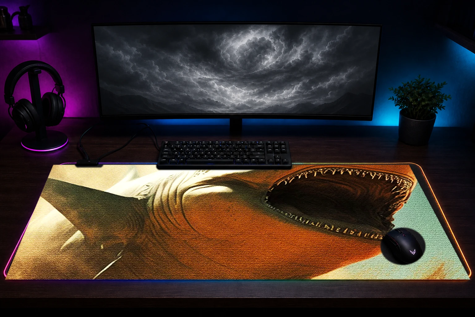 Sand Shark RGB Desk Mat immersive setup scene