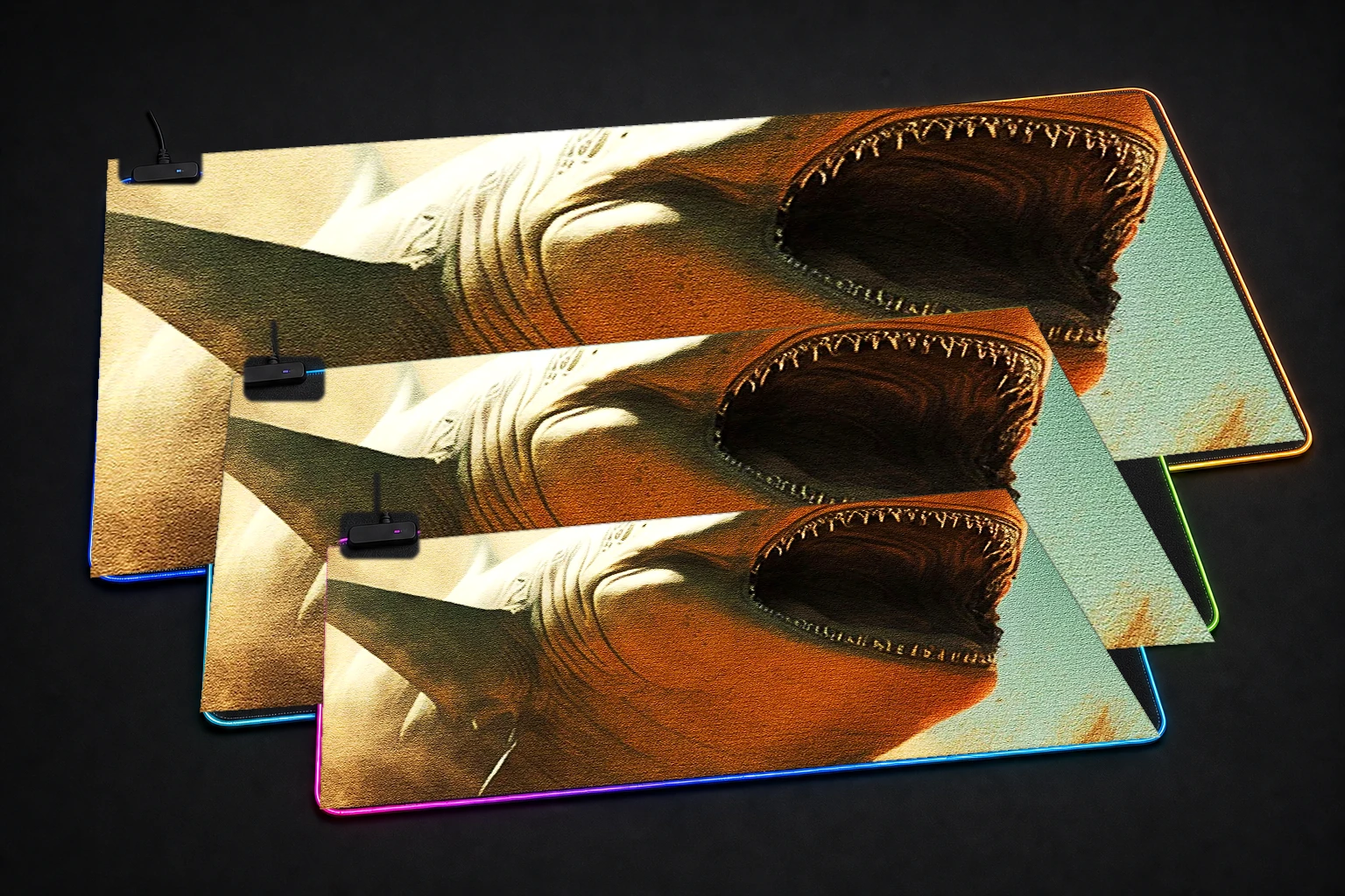 Sand Shark RGB Desk Mat three-size comparison