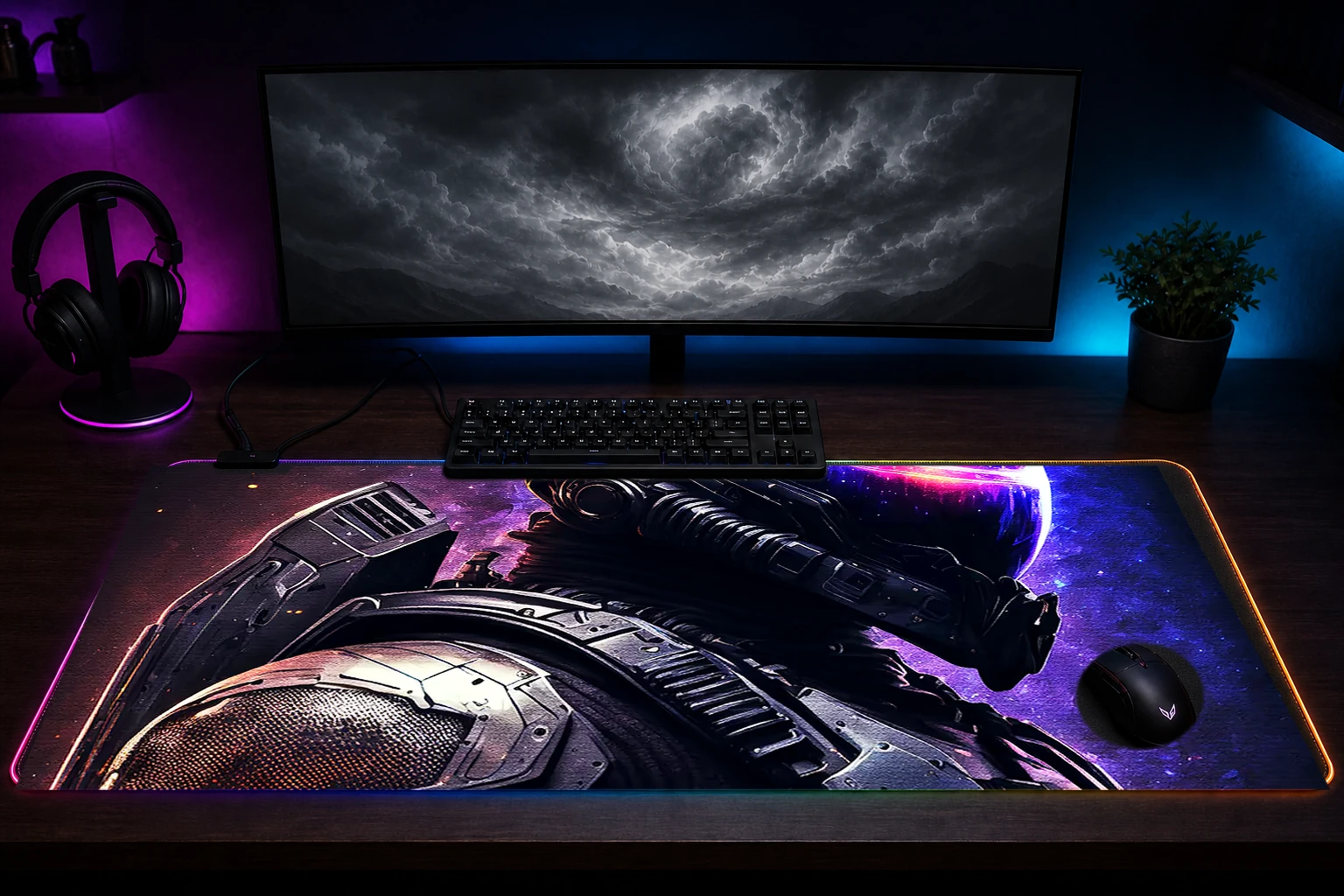 Black Armor RGB Desk Mat immersive setup scene