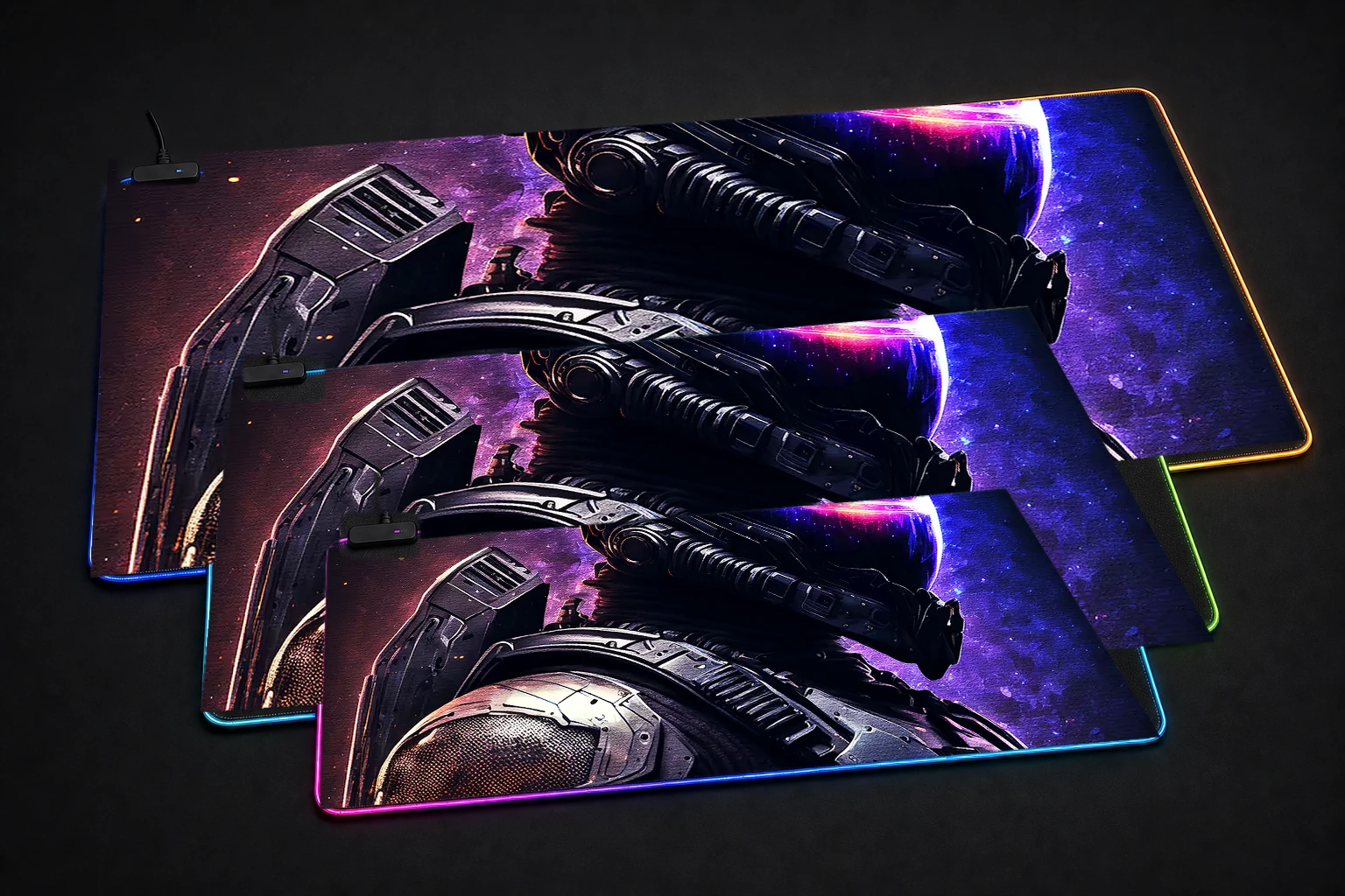 Black Armor RGB Desk Mat three-size comparison