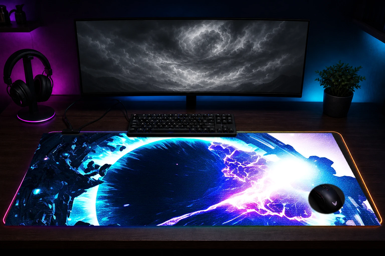 Paint Black Hole Space RGB Desk Mat immersive setup scene
