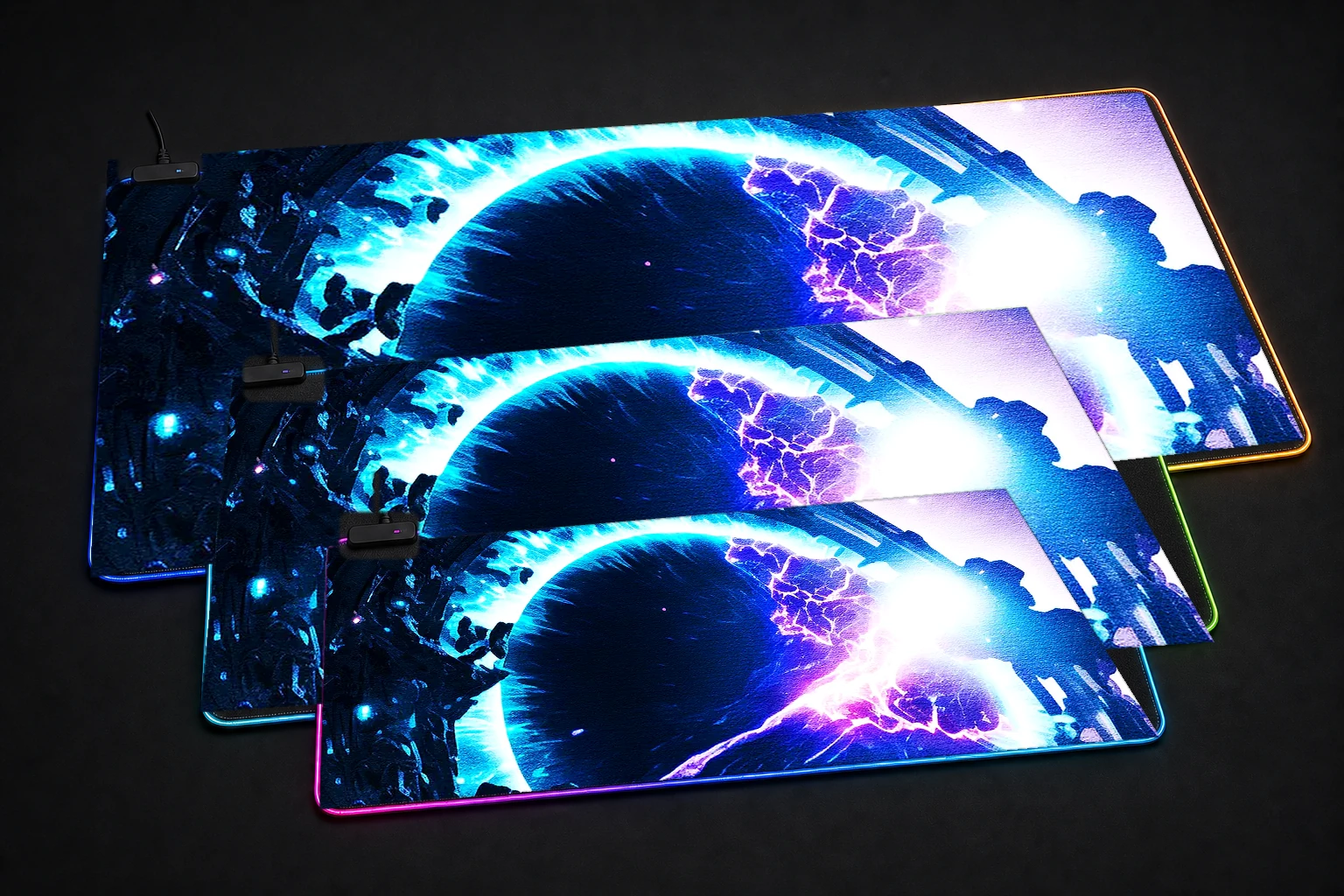 Paint Black Hole Space RGB Desk Mat three-size comparison