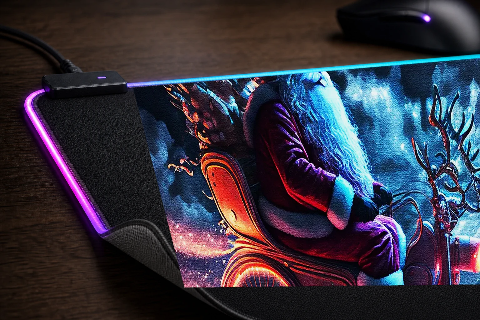 Santa Claus Riding RGB Desk Mat controller and material detail