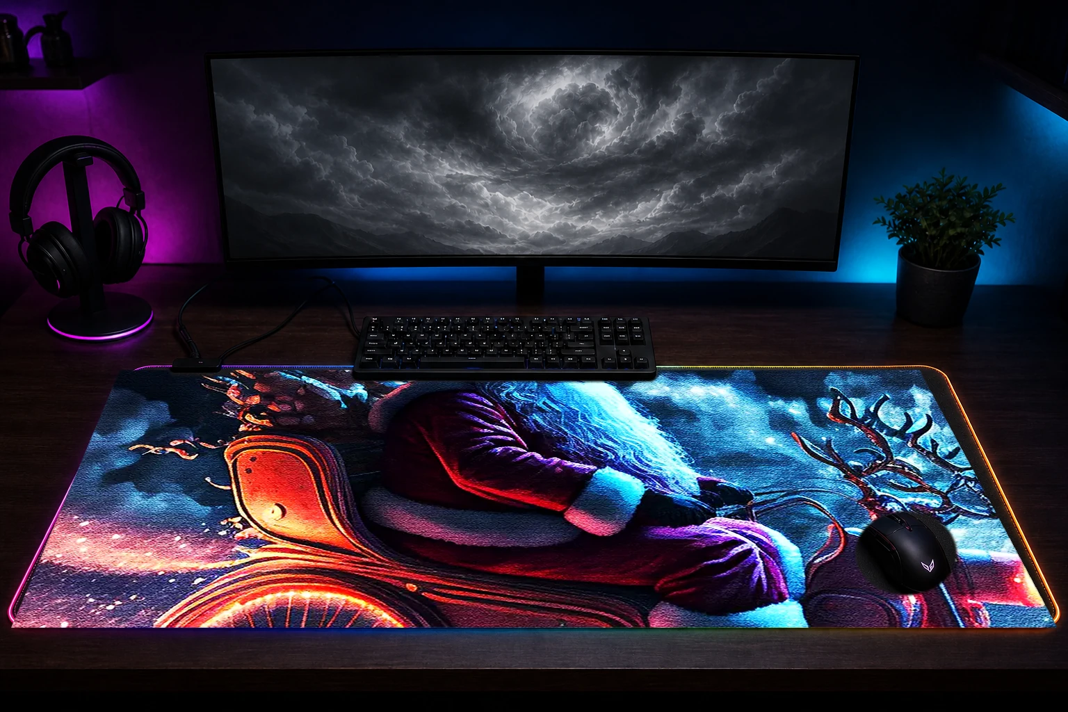 Santa Claus Riding RGB Desk Mat immersive setup scene