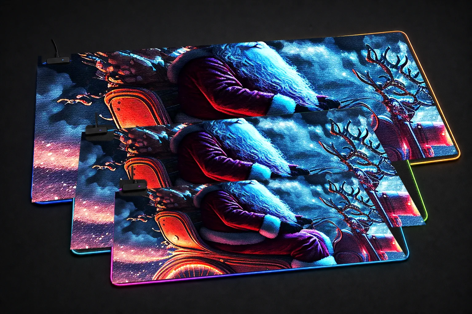 Santa Claus Riding RGB Desk Mat three-size comparison