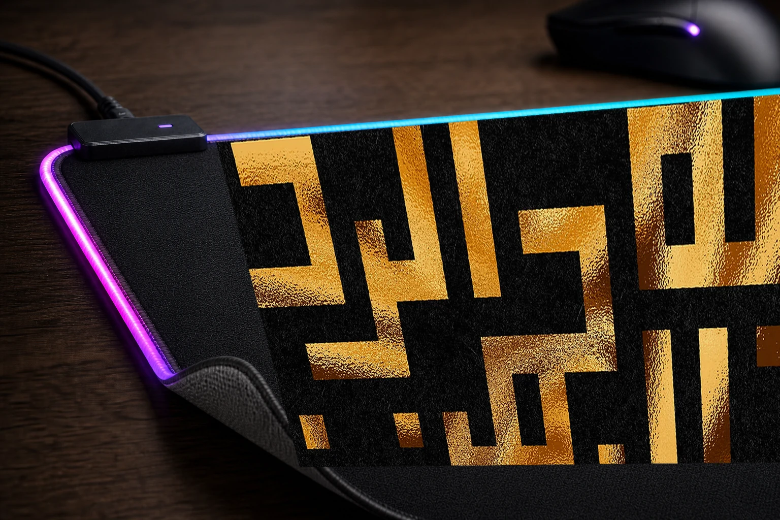 kufi gold text RGB Desk Mat controller and material detail
