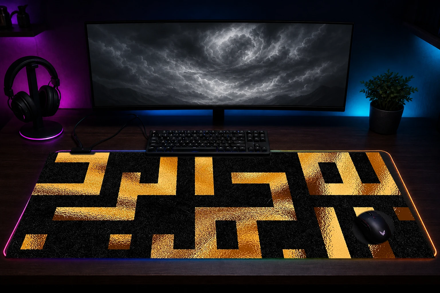 kufi gold text RGB Desk Mat immersive setup scene