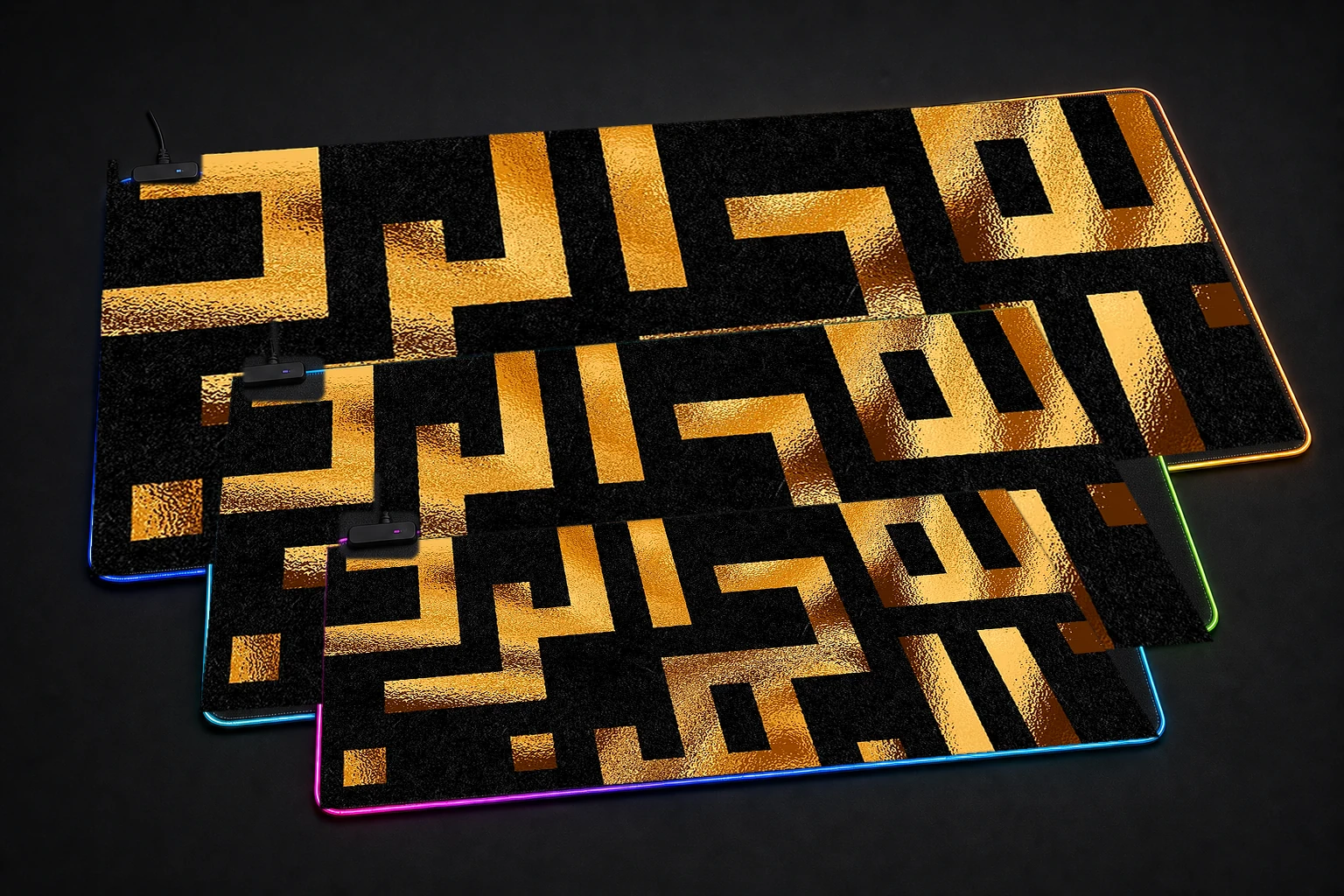 kufi gold text RGB Desk Mat three-size comparison