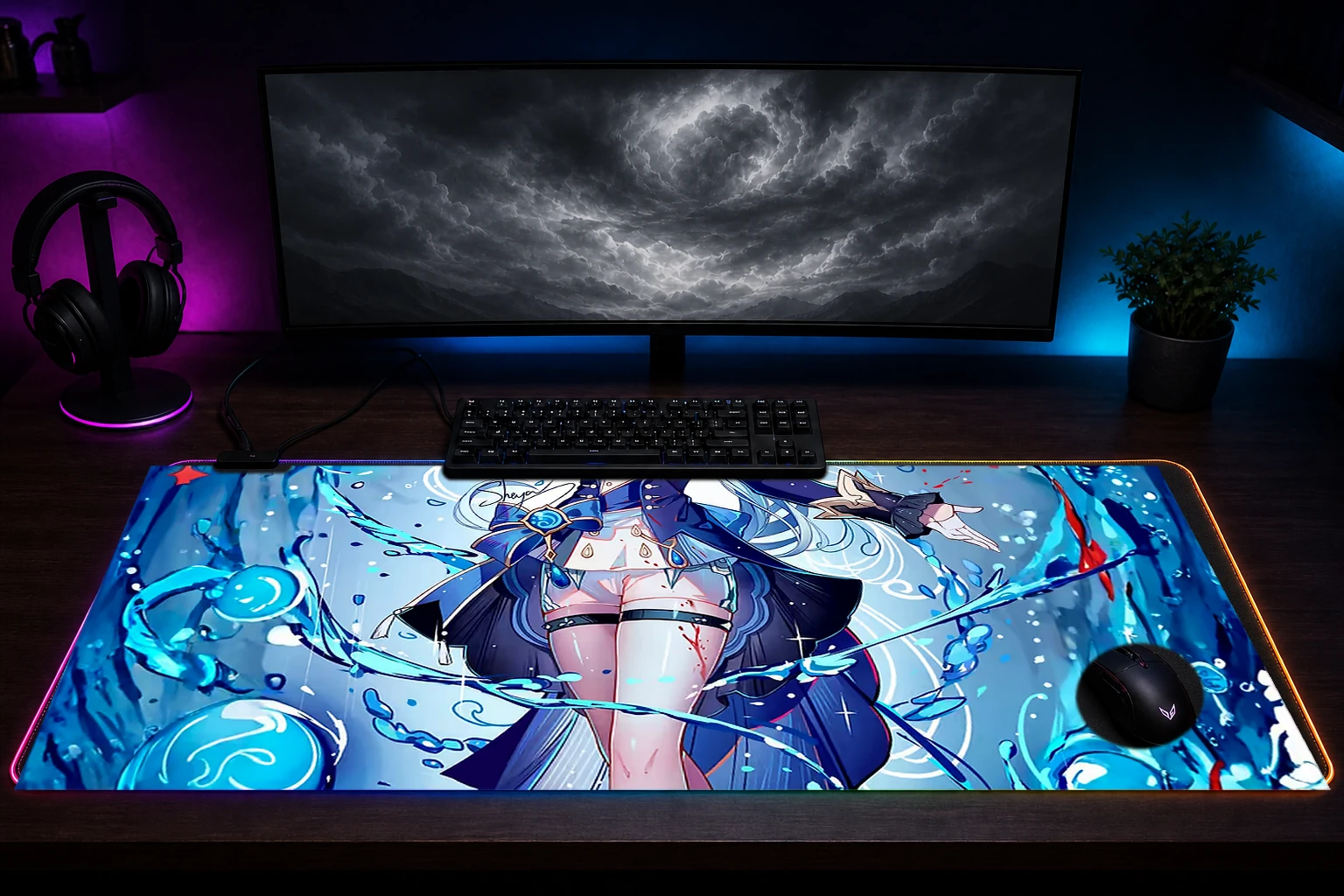 Girl with Water Magic RGB Desk Mat immersive setup scene