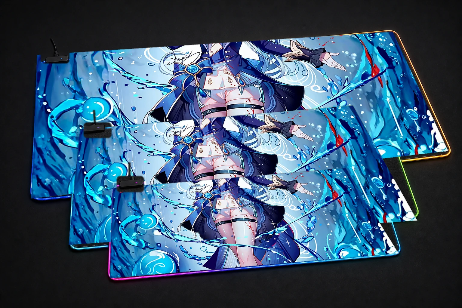 Girl with Water Magic RGB Desk Mat three-size comparison
