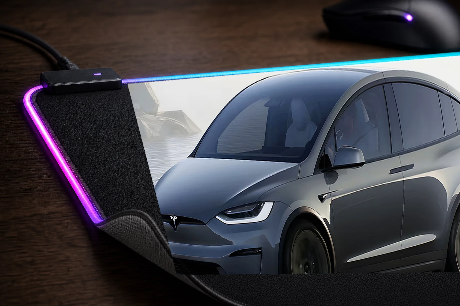 Tesla Model X Plaid RGB Desk Mat controller and material detail