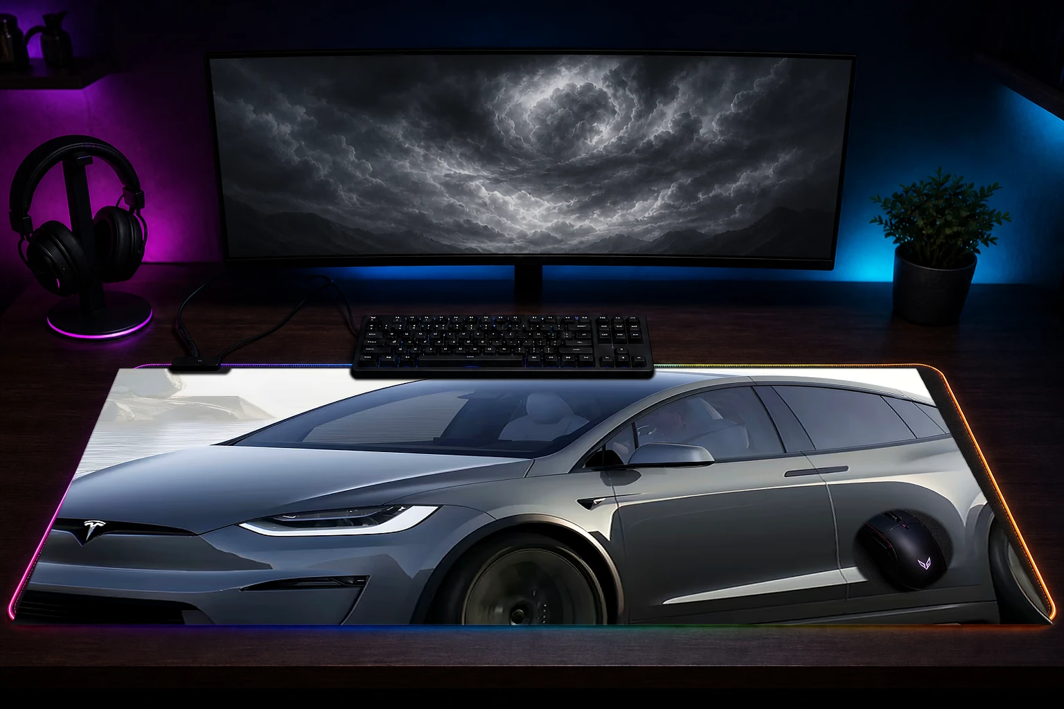 Tesla Model X Plaid RGB Desk Mat immersive setup scene