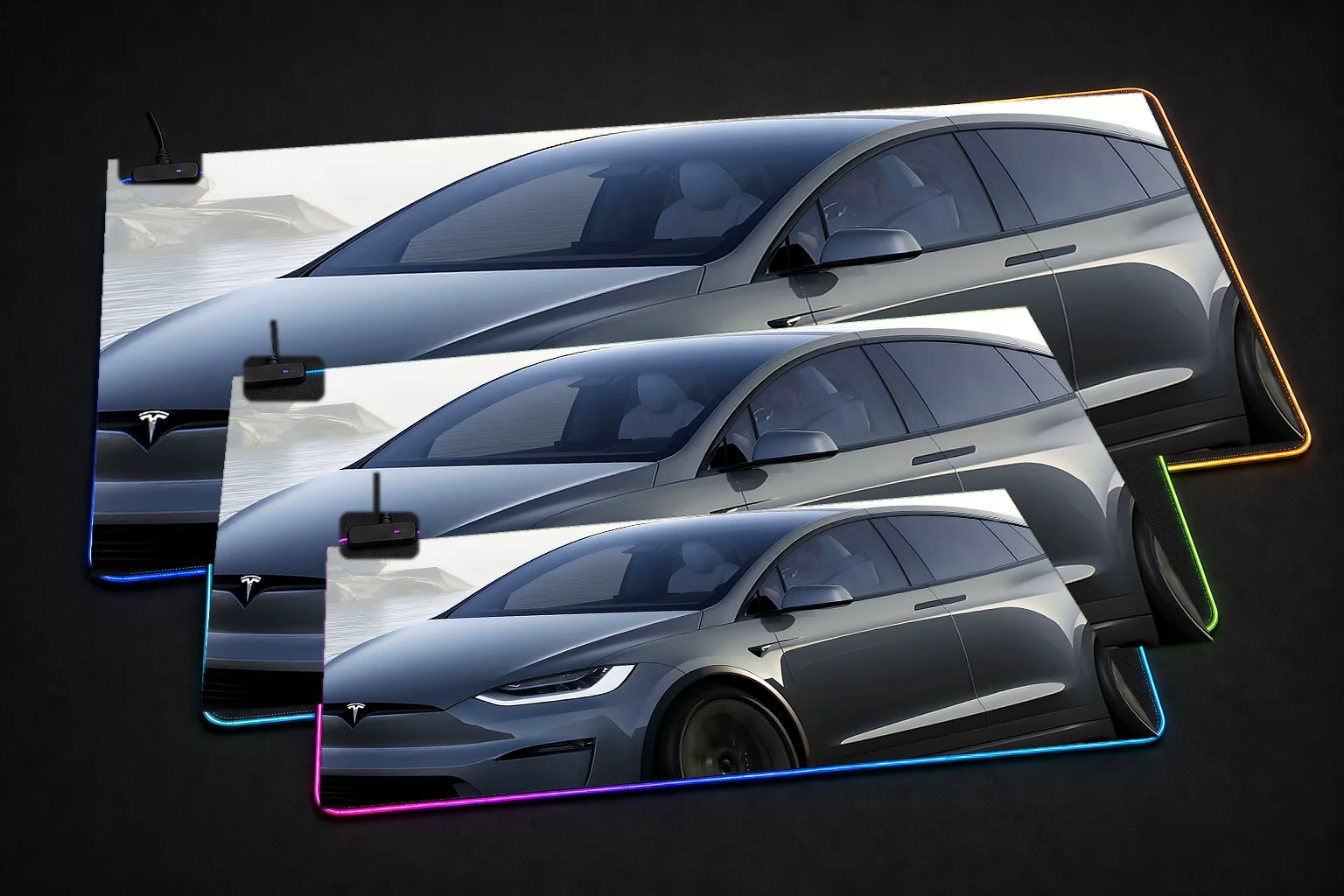 Tesla Model X Plaid RGB Desk Mat three-size comparison