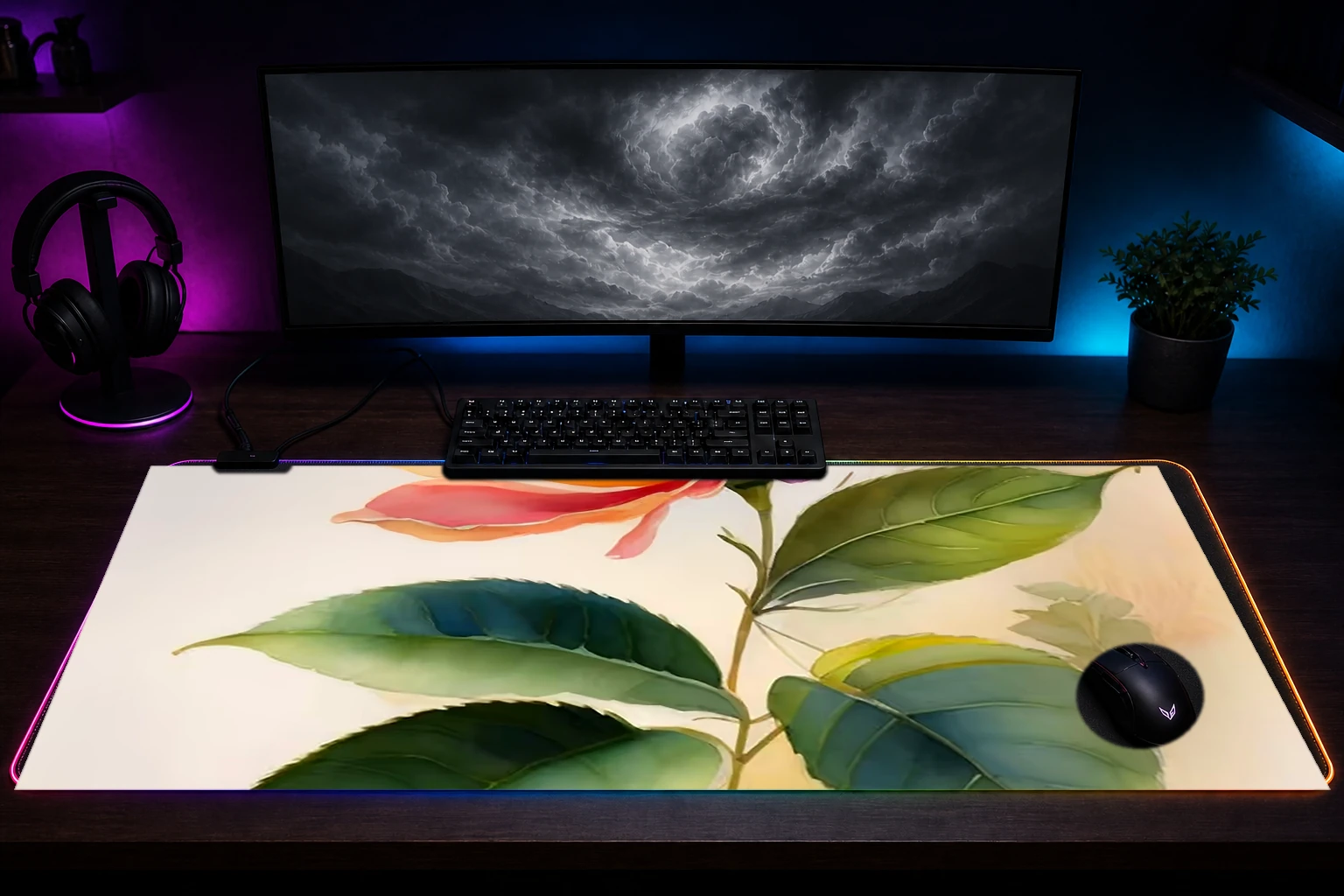 the single fantasy flower RGB Desk Mat immersive setup scene