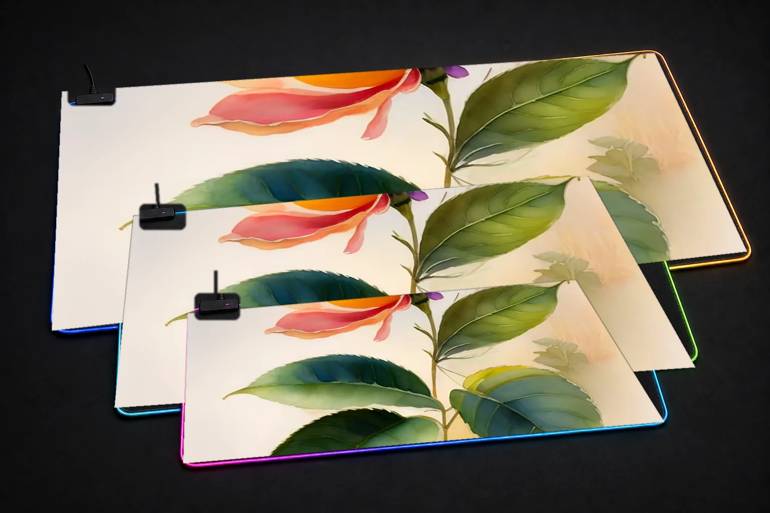 the single fantasy flower RGB Desk Mat three-size comparison