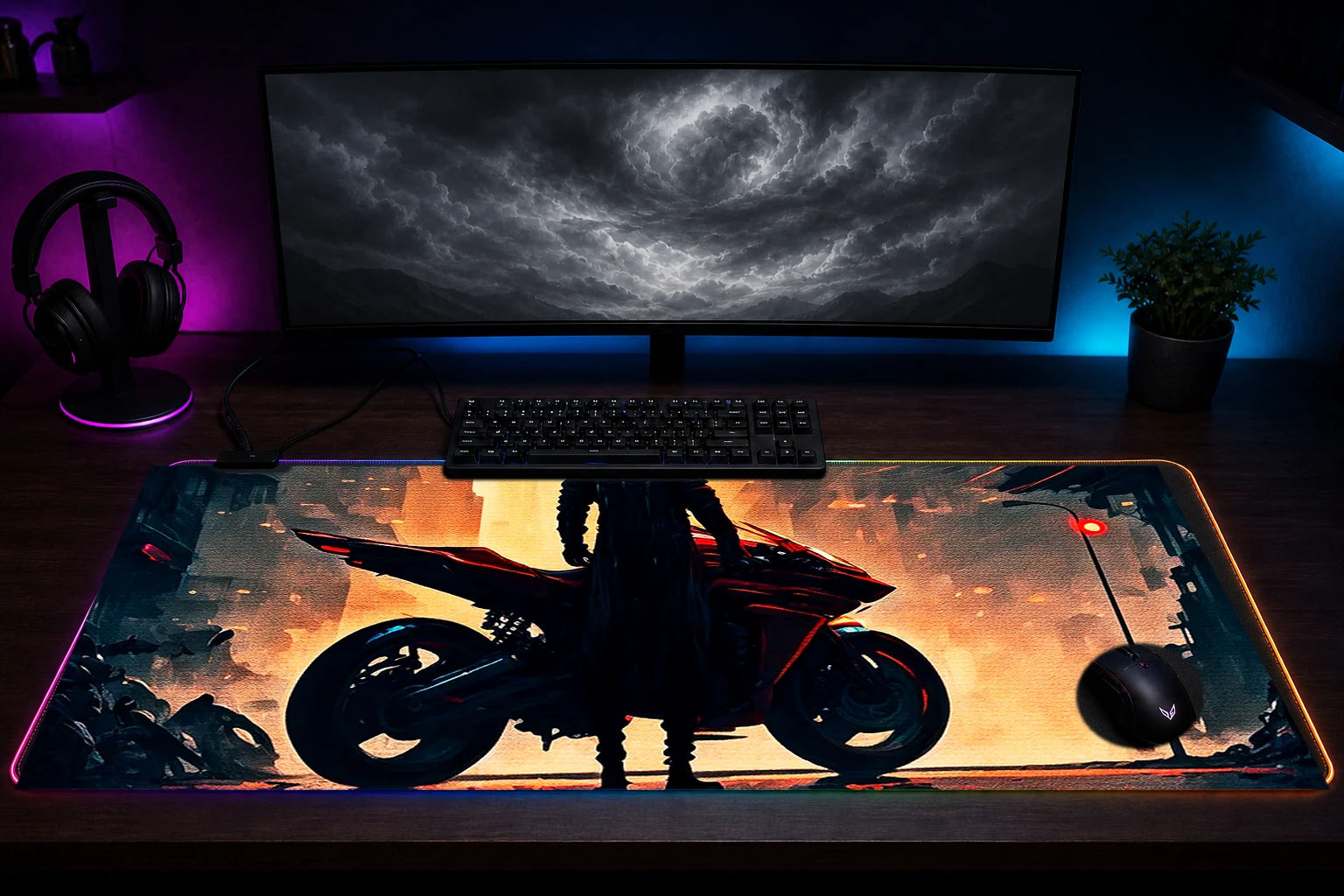 City Rider RGB Desk Mat immersive setup scene