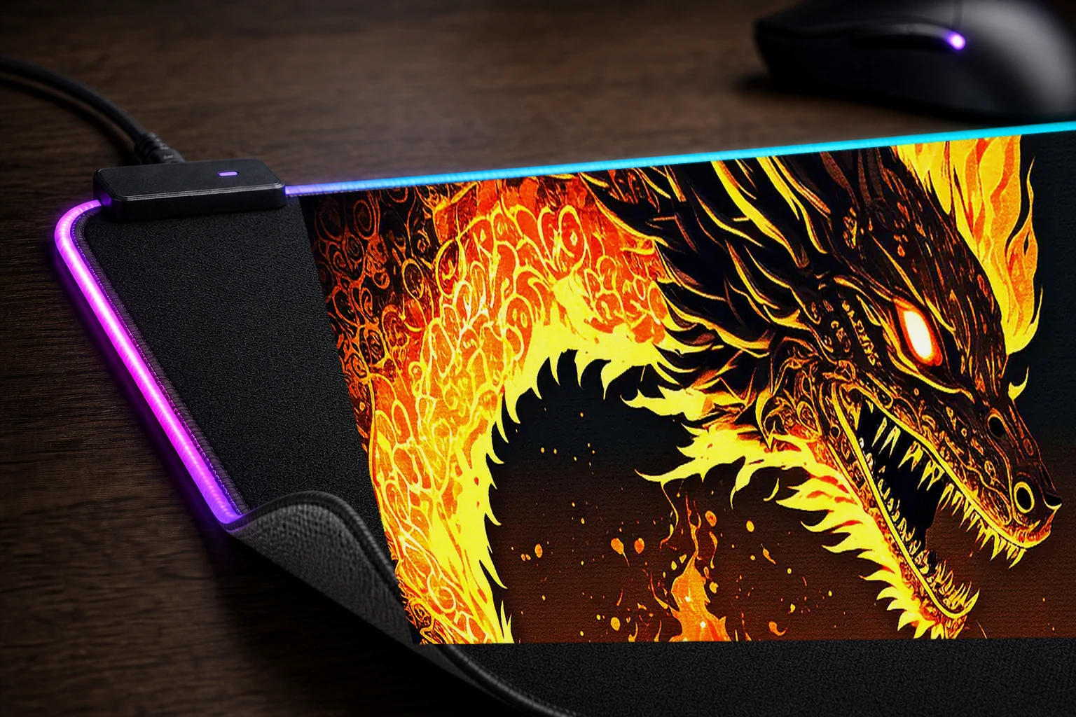 Fantasy Dragon Fire RGB Desk Mat controller and material detail