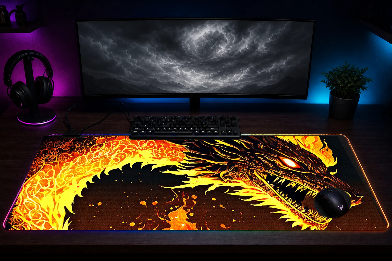Fantasy Dragon Fire RGB Desk Mat immersive setup scene