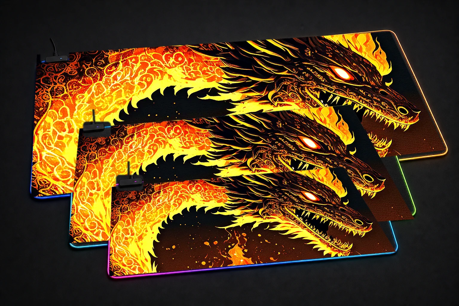 Fantasy Dragon Fire RGB Desk Mat three-size comparison