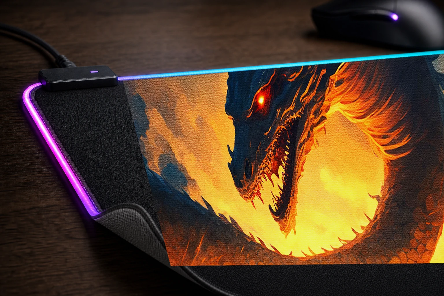 The Legend Dragon RGB Desk Mat controller and material detail