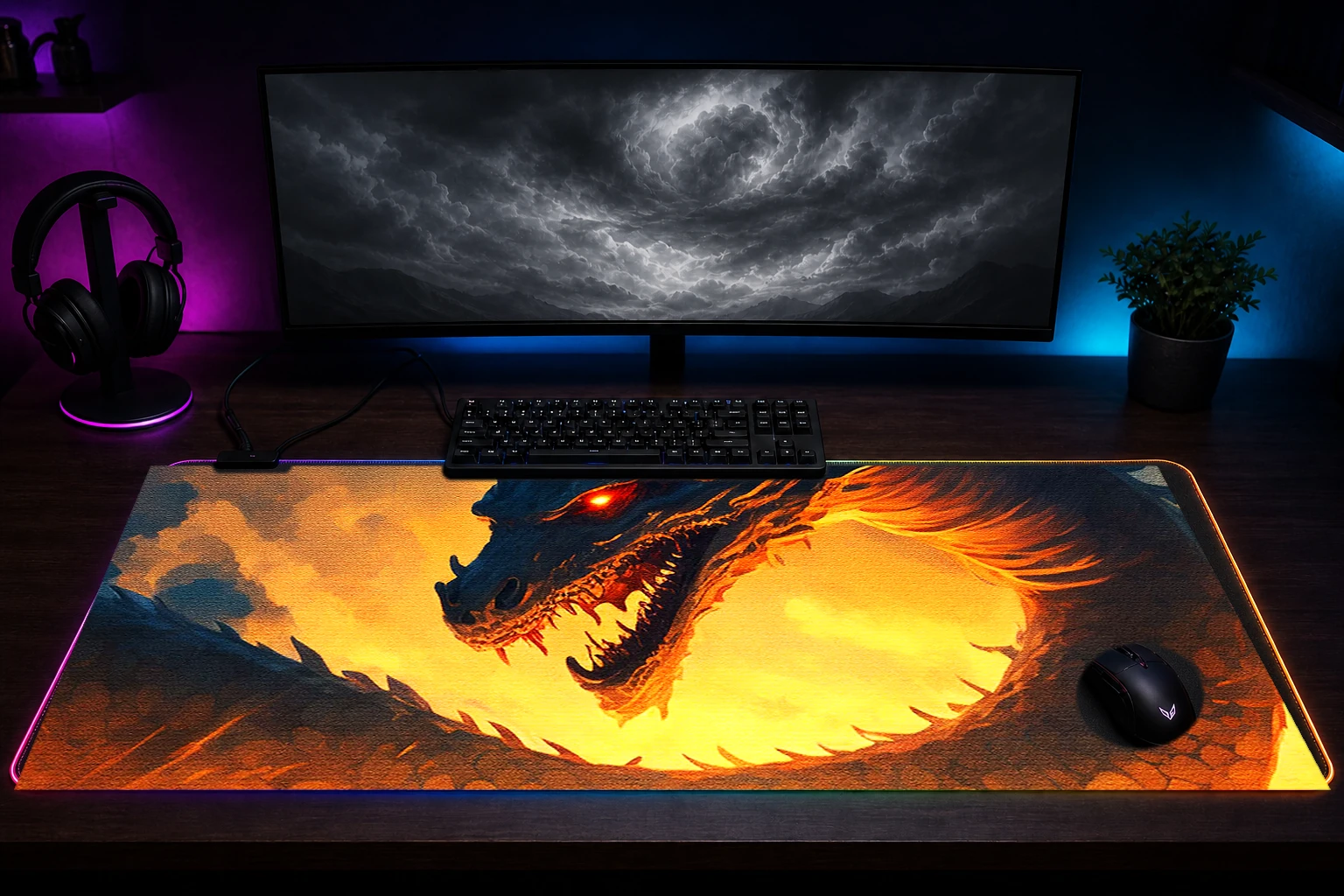 The Legend Dragon RGB Desk Mat immersive setup scene