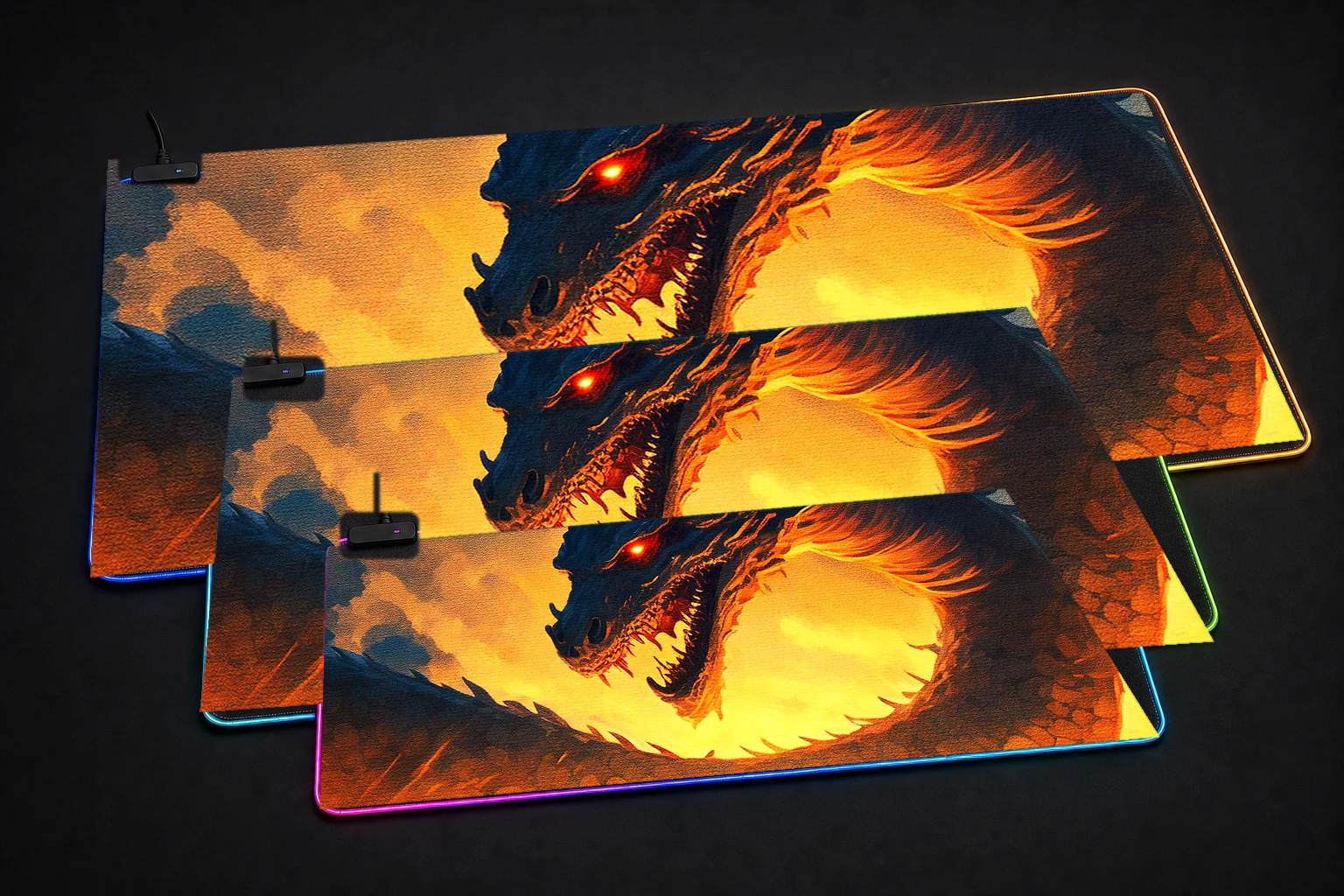 The Legend Dragon RGB Desk Mat three-size comparison