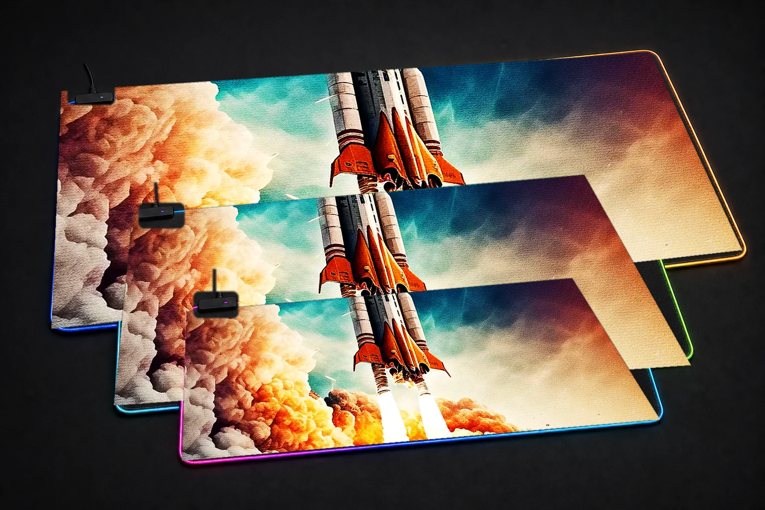 Rocket launch future RGB Desk Mat three-size comparison